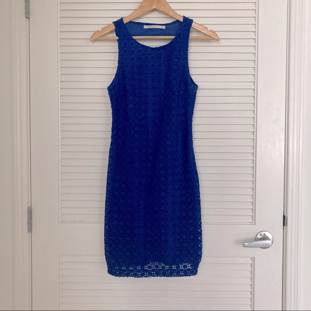 Zara Bodycon Open Back Dress - Floral Royal Blue Knit Short Cocktail Length